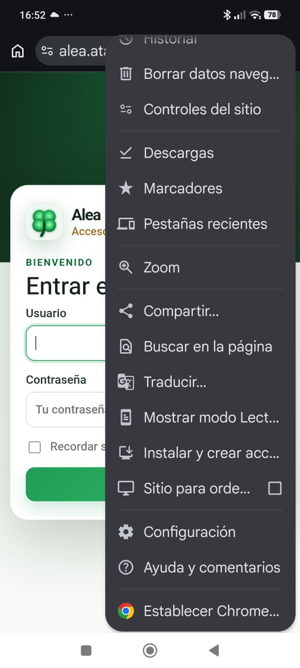 Menú de Chrome con la opción Instalar y crear acceso directo