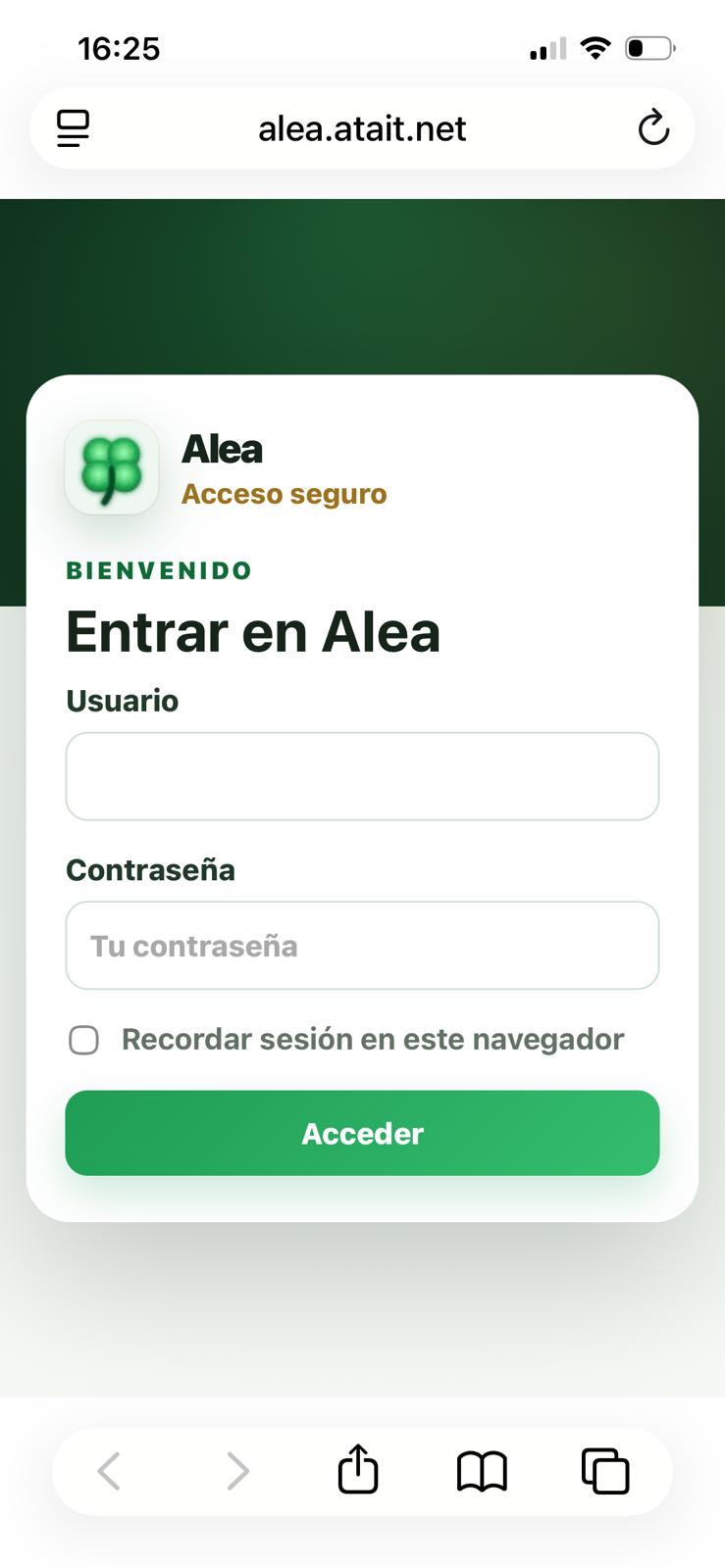 Alea abierto en Safari en iPhone