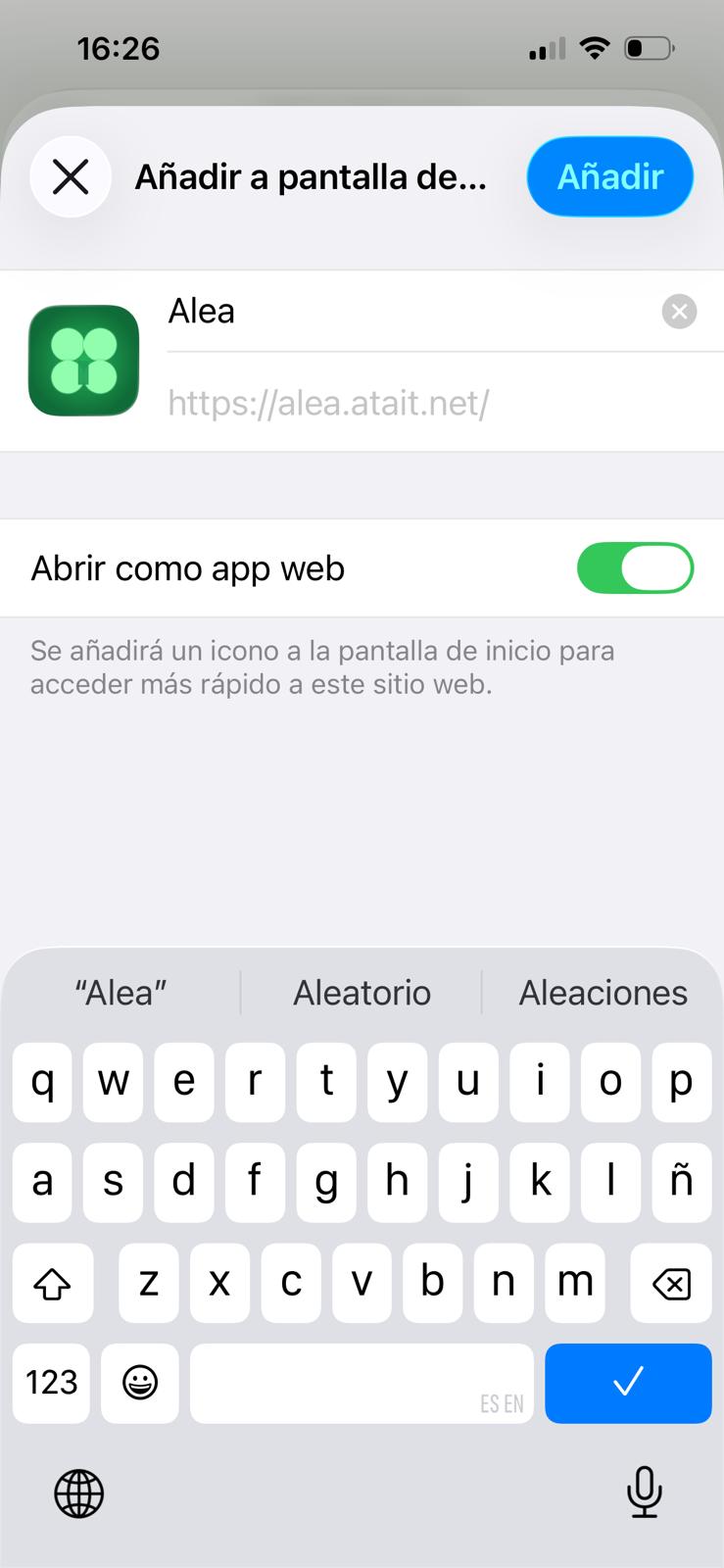 Cuadro Añadir a pantalla de inicio con la opción Abrir como app web